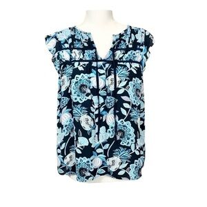Loft Navy & Blue Floral & Leaves Flutter Sleeve Blouse Size Small Petite